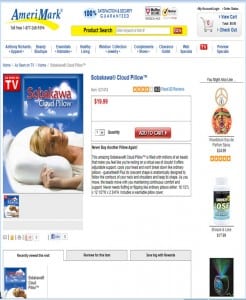 [Click to enlarge] This is the Sobakawa Cloud Pillow page from the Healthy Living (AmeriMark) online catalog. Copy typifies that of Healthy Living – clear and bright, always within the reader’s experiential background. But where is any reference to the parent name, Healthy Living?