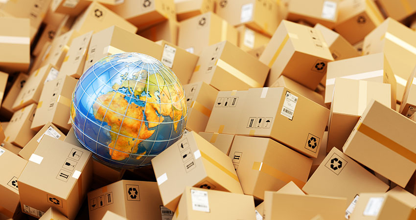 cross-border ecommmerce globe and boxes
